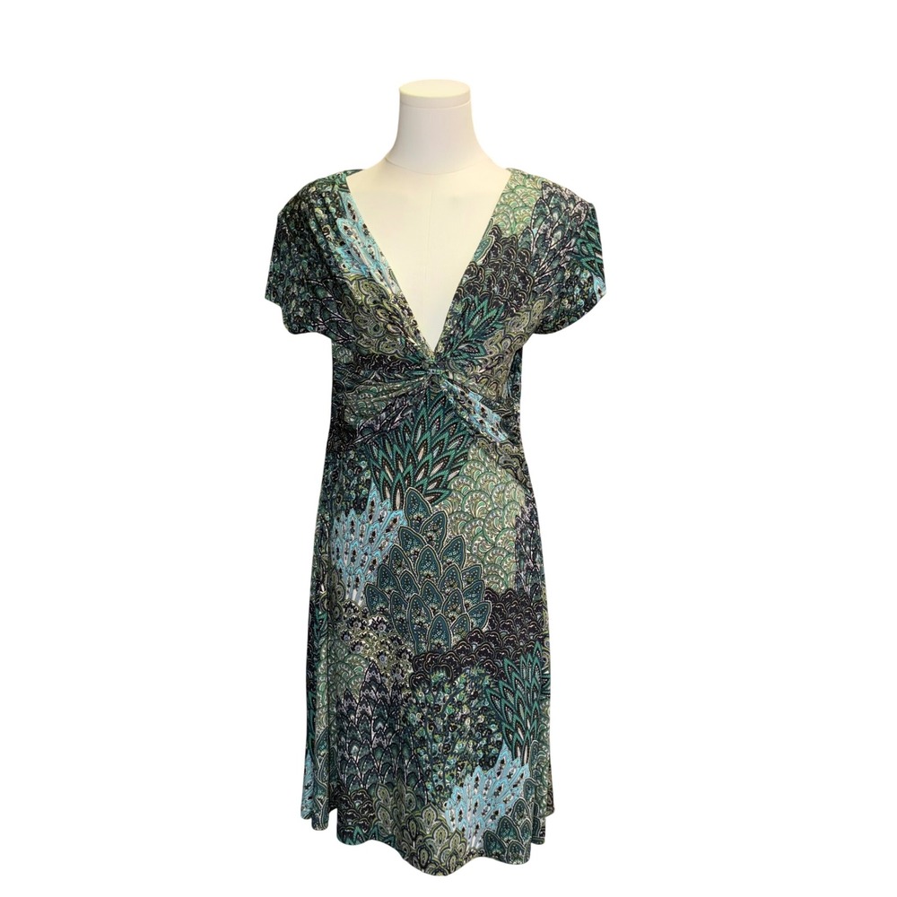 Connected Apparel Green Paisley Peacock Print V-Neck Twist Front Dress Size 10 - Picture 1 of 8